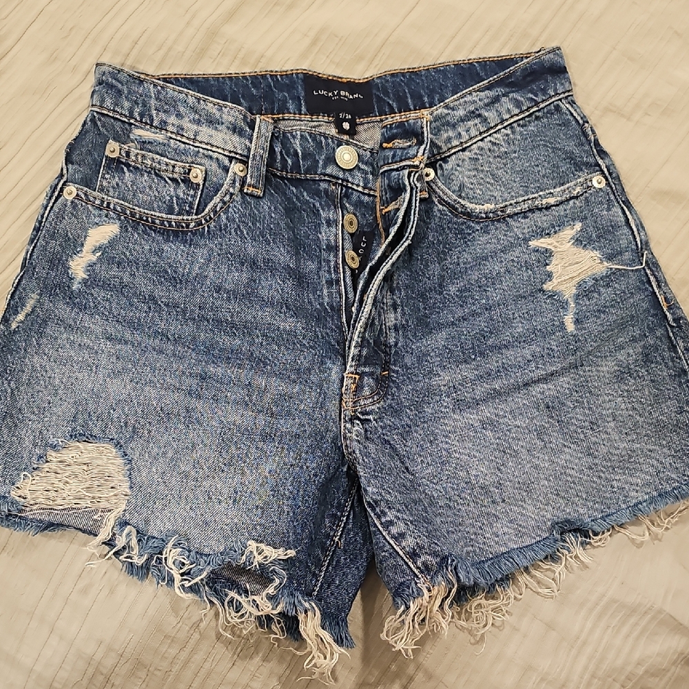 Nwot Lucky Brand Jeans Button Fly 90's High Rise Midi Distressed Denim Shorts